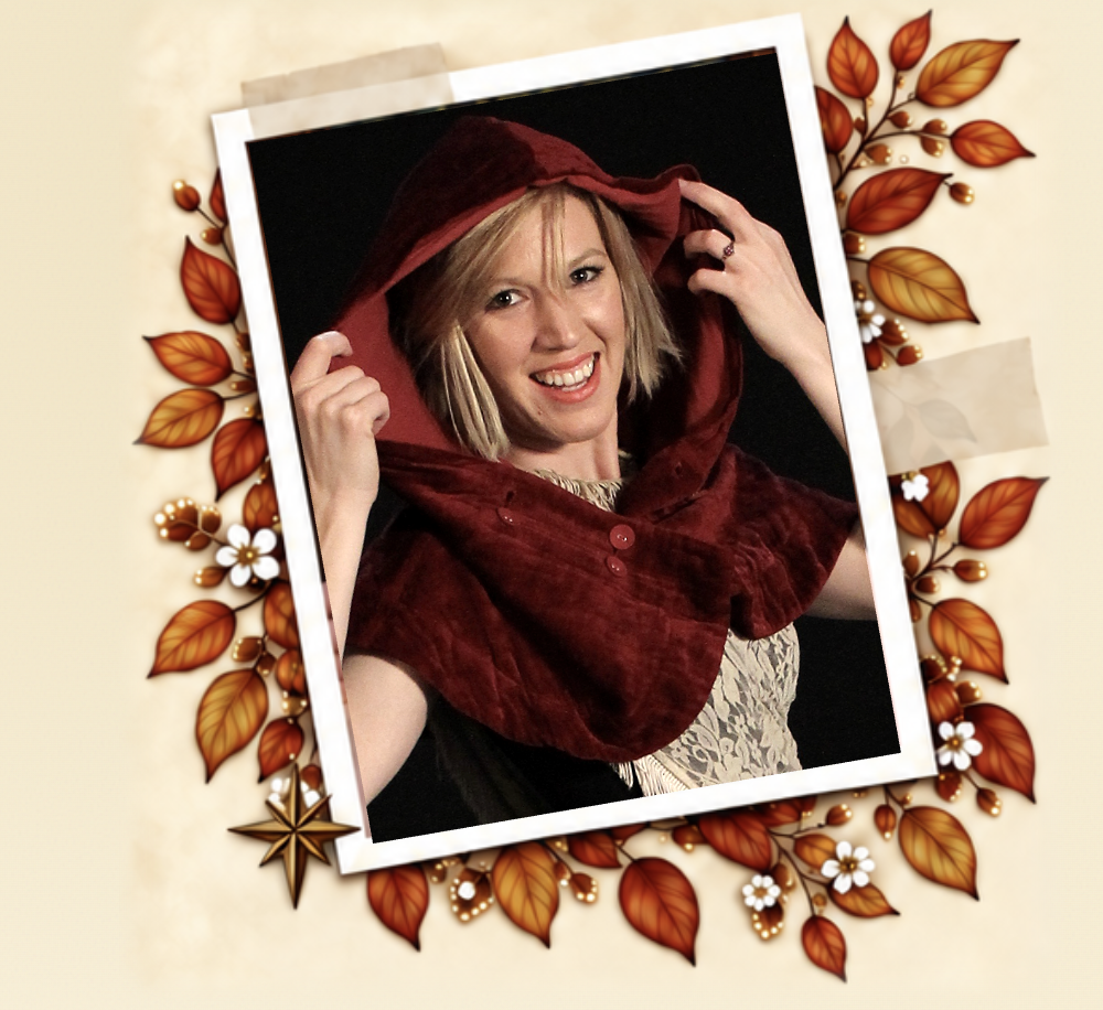 Elayne Griffith in a red hood, framed by autumn leaves