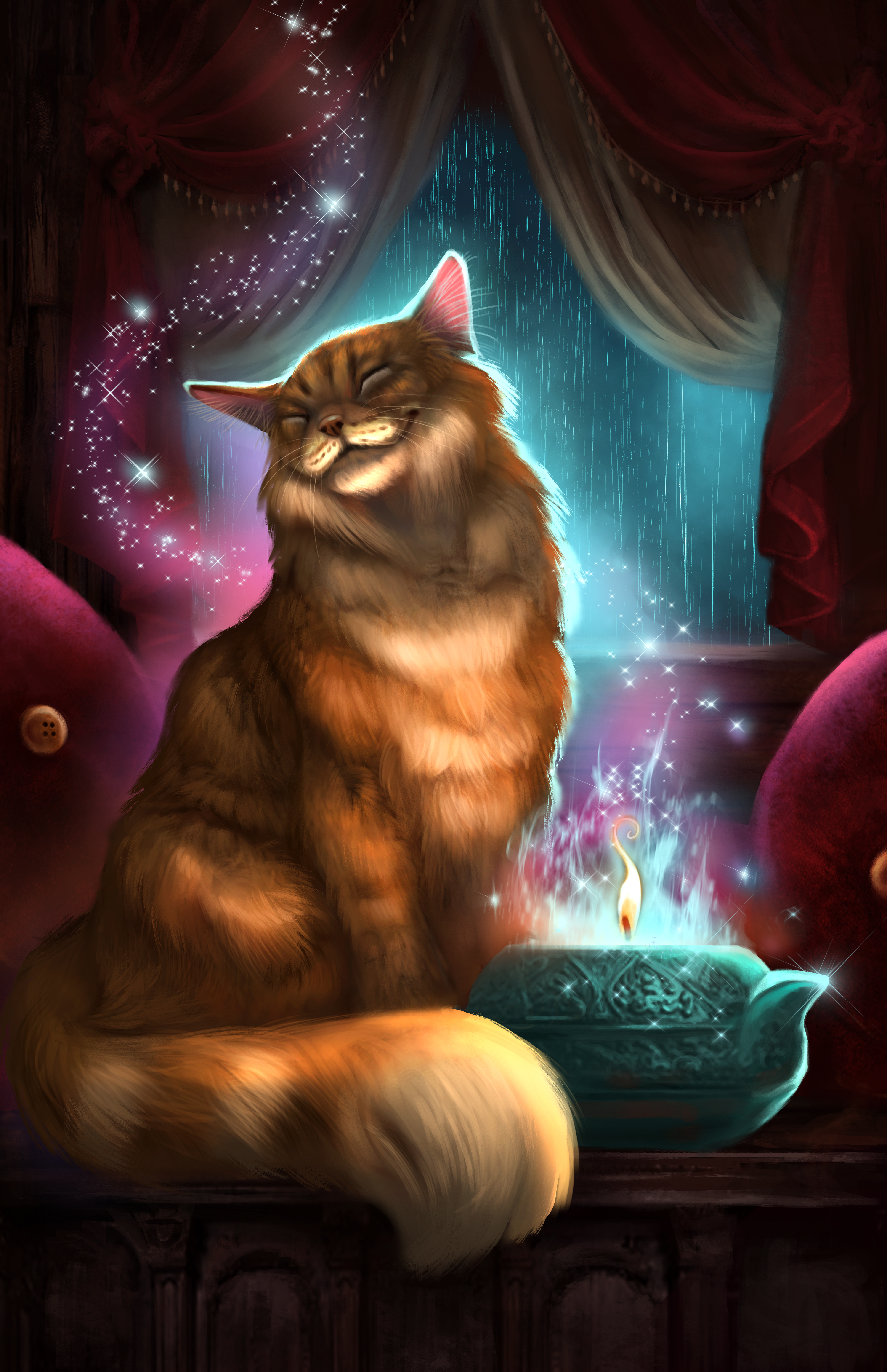 A contented ginger cat beside a glowing magical teapot