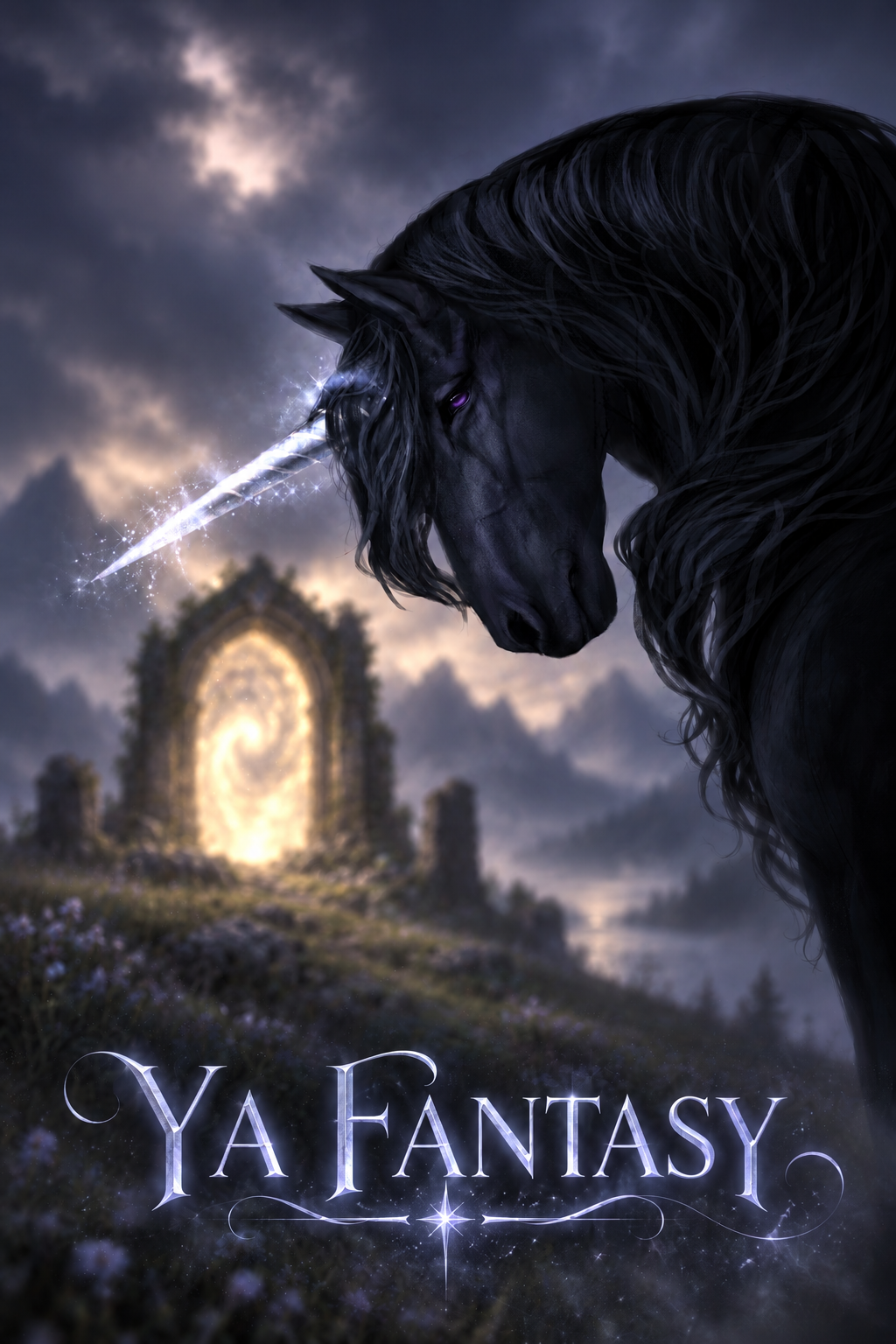 A black unicorn beside a glowing portal beneath a stormy sky